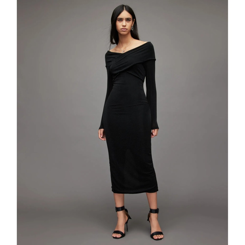 All Saints Women's Size‎ US 2 Black Shimmer Delta Bodycon Midi Dress AllSaints